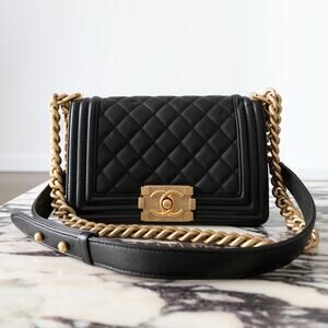 CHANEL Small Boy Flap Bag Black Quilted Lambskin Aged Gold Hardware A67085